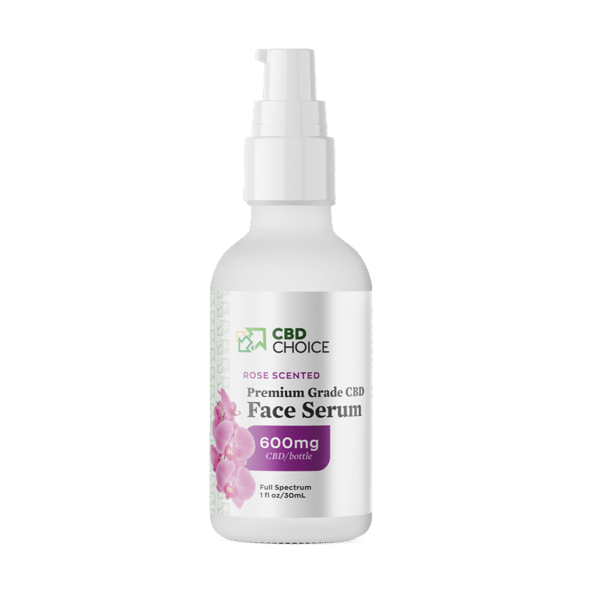 A bottle of CBD rose-scented face serum, enriched with 600mg of CBD and formulated for anti-aging benefits.