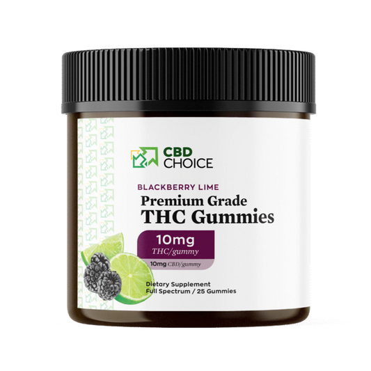 A container of THC-infused gummies with a blackberry lime flavor. Each gummy contains 10 mg of THC, and the container holds 25 gummies.