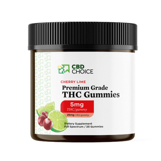 A container of THC-infused gummies with a cherry lime flavor. Each gummy contains 5mg of THC, and the container holds 25 gummies.