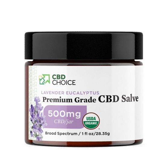: A jar of lavender eucalyptus salve infused with 500mg of CBD, designed for stress relief. The jar contains 1 fluid ounce of salve.