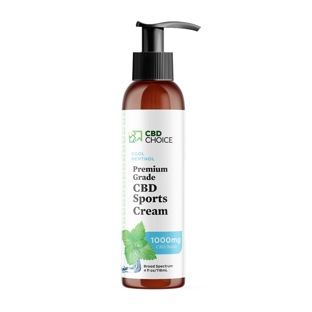 A bottle of CBD sports cream containing 1000mg of CBD, with a volume of 4 fluid ounces. Infused with cool menthol for soothing relief.