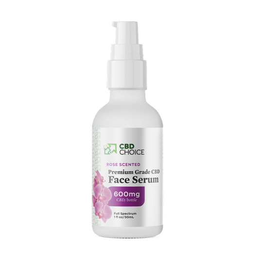 A bottle of CBD rose-scented face serum, enriched with 600mg of CBD and formulated for anti-aging benefits.