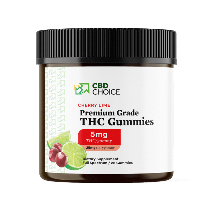 A container of THC-infused gummies with a cherry lime flavor. Each gummy contains 5mg of THC, and the container holds 25 gummies.