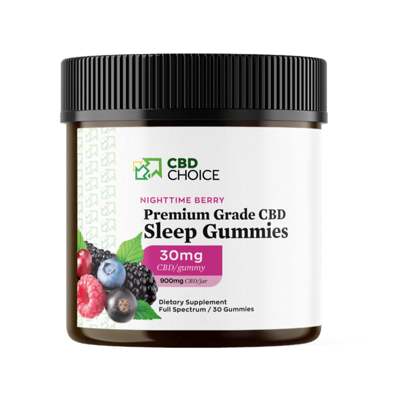 A container of CBD gummies with a nighttime berry blend flavor. Each gummy contains 30mg of CBD, and the container holds 30 gummies.