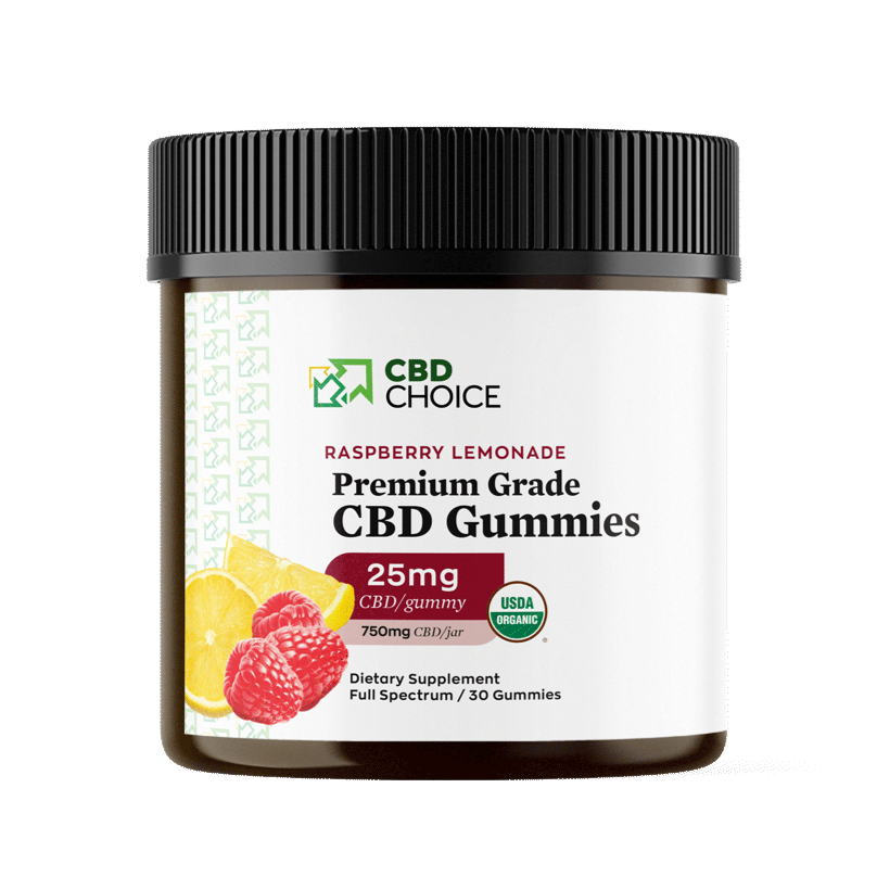 A container of CBD-infused gummies with raspberry lemonade flavor. Each gummy contains 25mg of CBD, and the container holds 30 gummies.