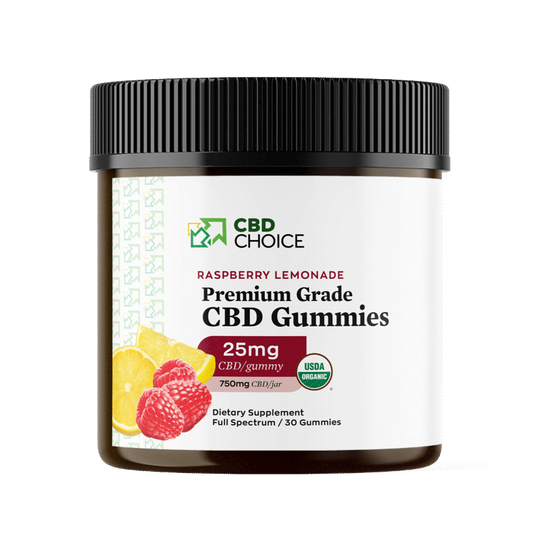 A container of CBD-infused gummies with raspberry lemonade flavor. Each gummy contains 25mg of CBD, and the container holds 30 gummies.