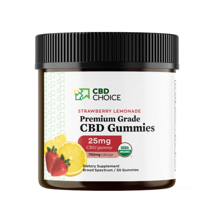 A container of CBD-infused gummies with strawberry lemonade flavor. Each gummy contains 25mg of CBD, and the container holds 30 gummies.