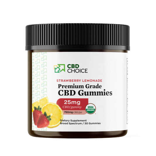 A container of CBD-infused gummies with strawberry lemonade flavor. Each gummy contains 25mg of CBD, and the container holds 30 gummies.