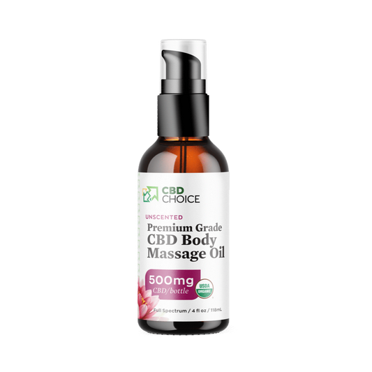 A bottle of unscented CBD body massage oil containing 500mg of CBD, with a volume of 4 fluid ounces.