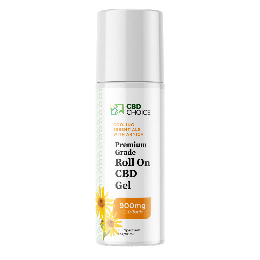 A 3 oz bottle of CBD roll-on gel containing 900mg of CBD, enriched with arnica for targeted relief.