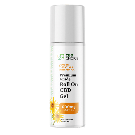 A 3 oz bottle of CBD roll-on gel containing 900mg of CBD, enriched with arnica for targeted relief.