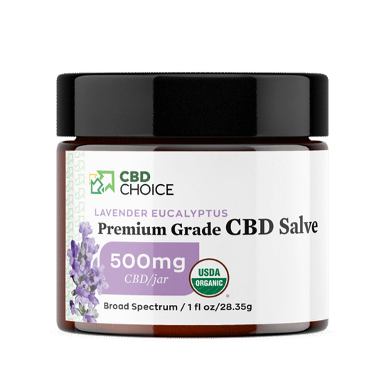 : A jar of lavender eucalyptus salve infused with 500mg of CBD, designed for stress relief. The jar contains 1 fluid ounce of salve.