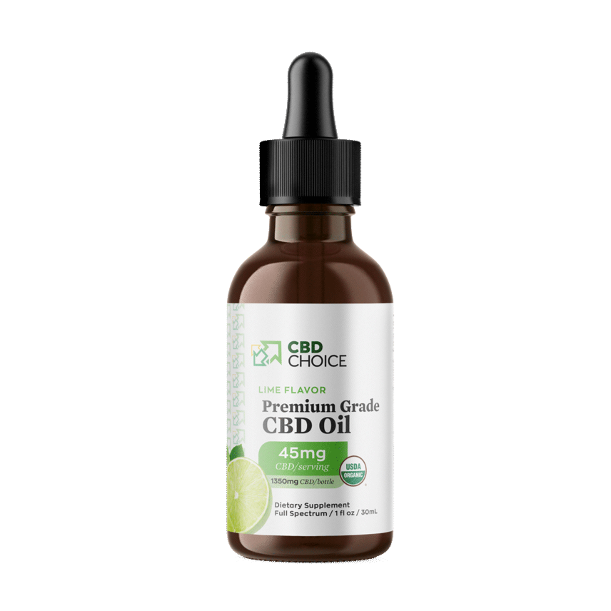 A bottle of lime-flavored CBD oil with 45mg of CBD per 1 fluid ounce.