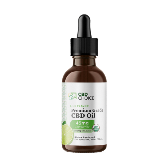 A bottle of lime-flavored CBD oil with 45mg of CBD per 1 fluid ounce.