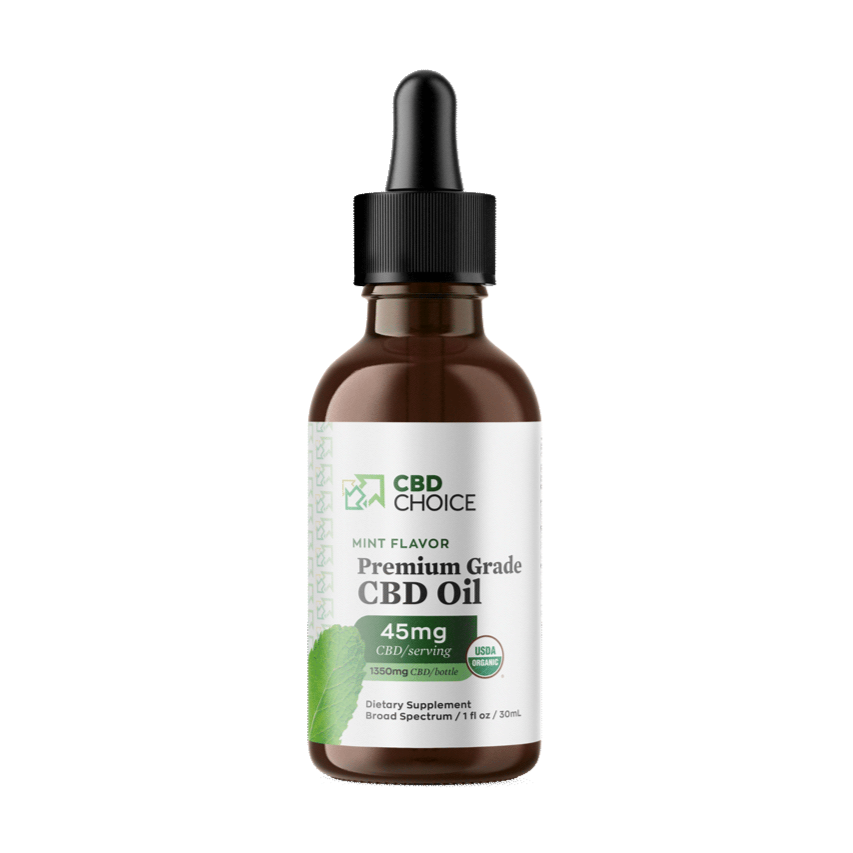 A bottle of mint-flavored CBD oil with 45mg of CBD per 1 fluid ounce.