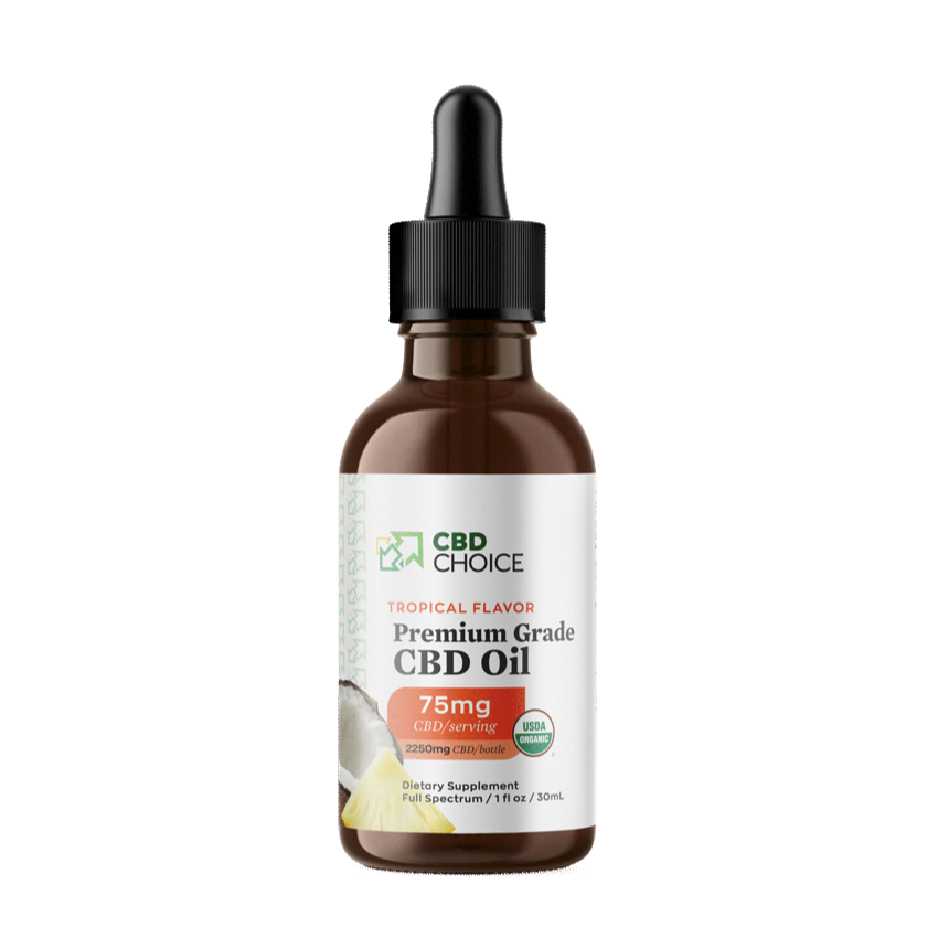 A bottle of tropical-flavored CBD oil with 45mg of CBD per 1 fluid ounce.